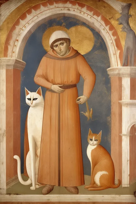 <lora:Simone Martini Style:1>Simone Martini Style - biblical Fresco painting by Giotto di Bondone of a vigilent and independent cat. Innovative, Proto-Renaissance, Narrative. Simplified, bold, uniform strokes imagery. Earth tones colors