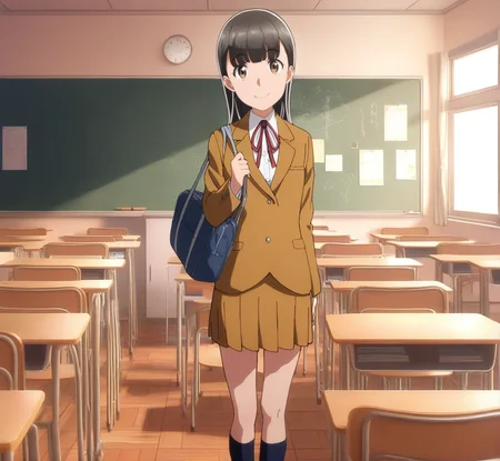 masterpiece, best quality, score_9,
<lora:Hitomi_hinamatsuri_v11:1>,hitomi_il, 1girl, solo, brown_hair, long_hair, bangs, hair_between_eyes, brown_eyes, brown_blazer, brown_skirt, dark_long_socks, holding_blue_bag, cowboy shot, classroom, looking at viewer, smile