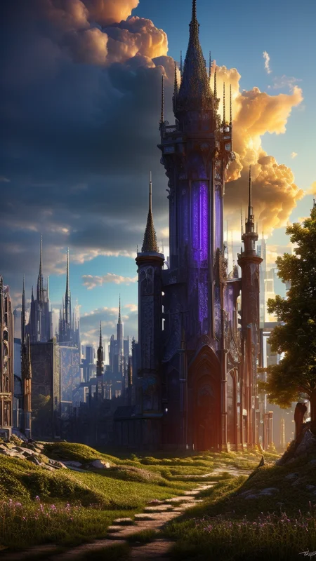 Stained glass style, 
Techwear fashion, 
Masterwork Painting, Magnum Opus, 
 <lora:Wizard_Tower:0.75> witow, castle, cloud, cloudy sky, grass, no humans, scenery, sky, tower, tree, 
<lora:Fantasy_Mountains:0.75> fanmou, footprints, forest, grass, nature, no humans, outdoors, sky ,
  highres, 8k, uhd, High Dynamic Range, tonemapping, crisp details,  intricate details, fine details,
. Futuristic, cyberpunk, urban, tactical, sleek, dark, highly detailed,
. Vibrant, beautiful, translucent, intricate, detailed