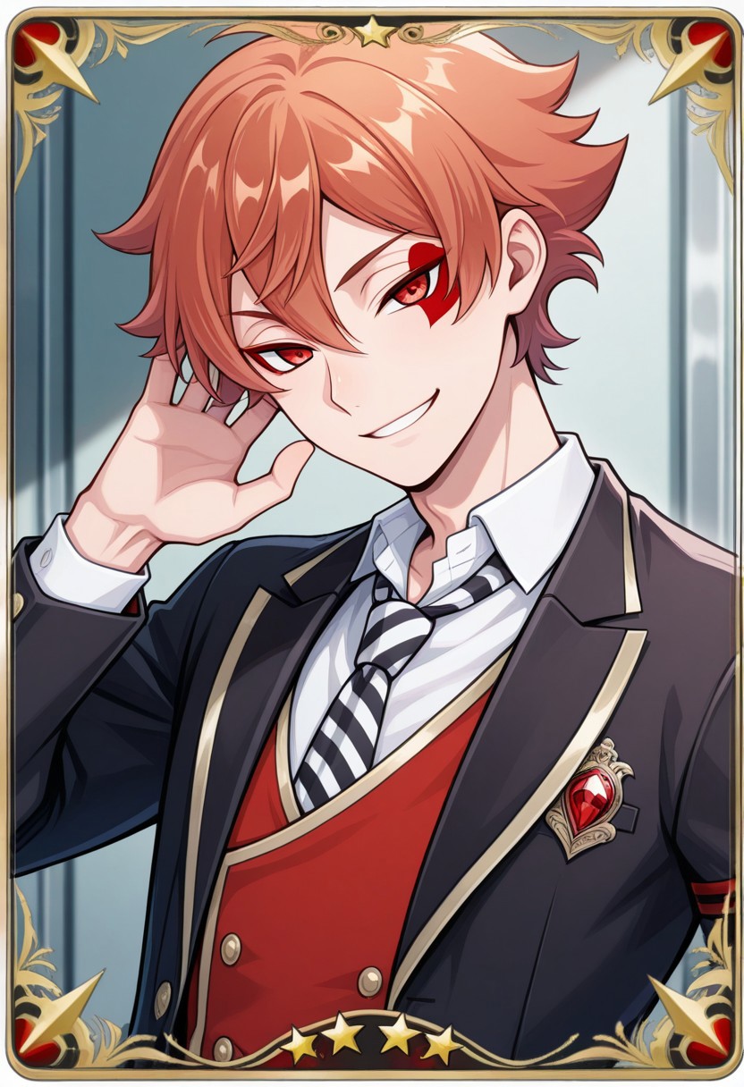 masterpiece,best quality,amazing quality, source_anime, card (medium),
acetrappola, 1boy, male focus, solo, red eyes, orange hair, facial tattoo, heart tattoo, school uniform, shirt, white shirt, collared shirt, necktie, striped necktie, black and white necktie, vest, red vest, jacket, blazer, black jacket, open jacket, smile,
