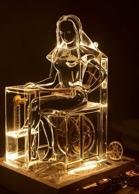 A portrait of glasssculpture, woman with a steampunk aesthetic, surrounded by gears, machinery, and other Victorian-era inventions. By James Ng, Jules Verne, or H.G. Wells.