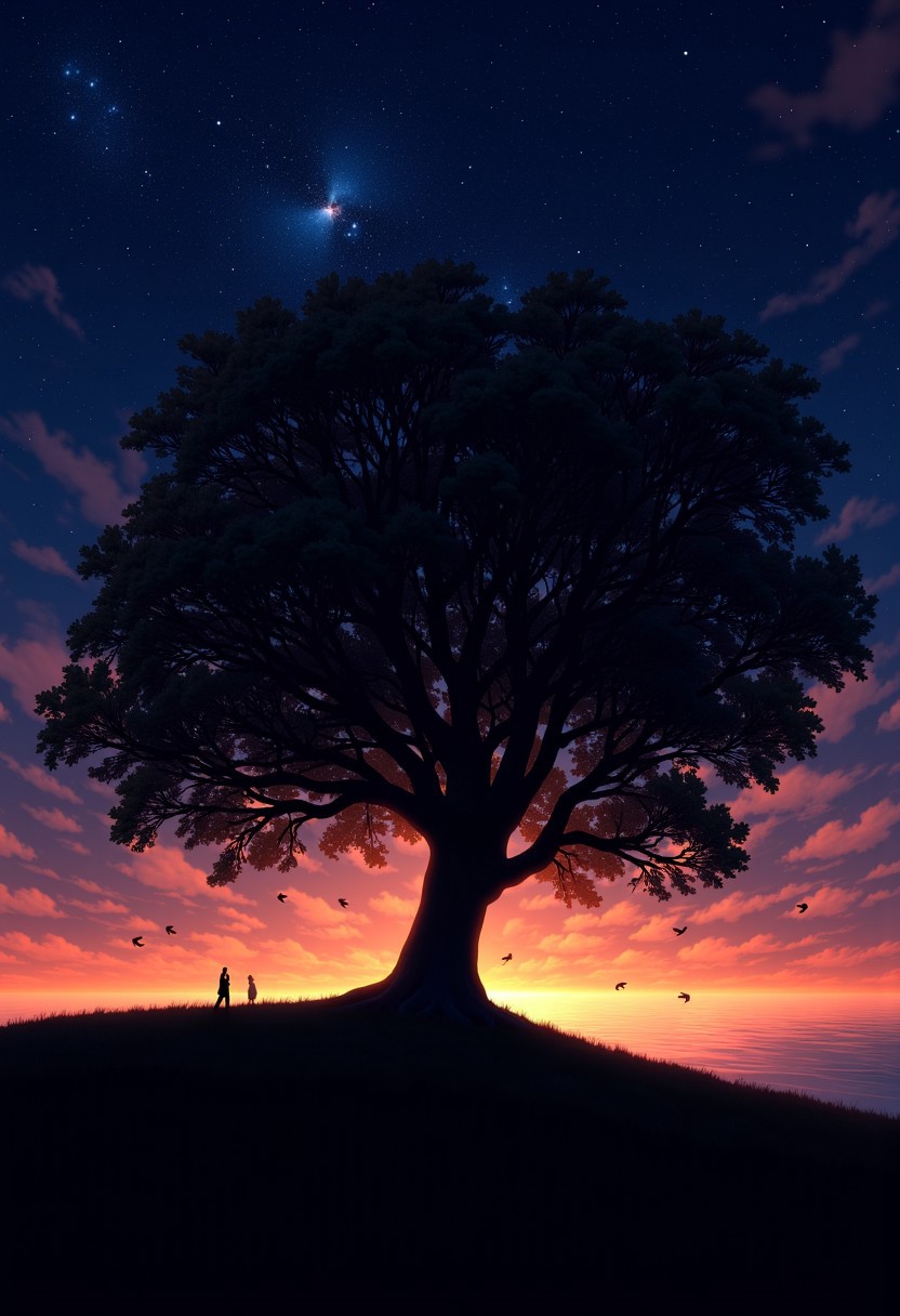 aldnscpx, a digital landscape painting of a nightly sky behind a dreamy large oak tree, strong wind, flying leafs and debris, otherworldly starry sky with orange and dark red highlights