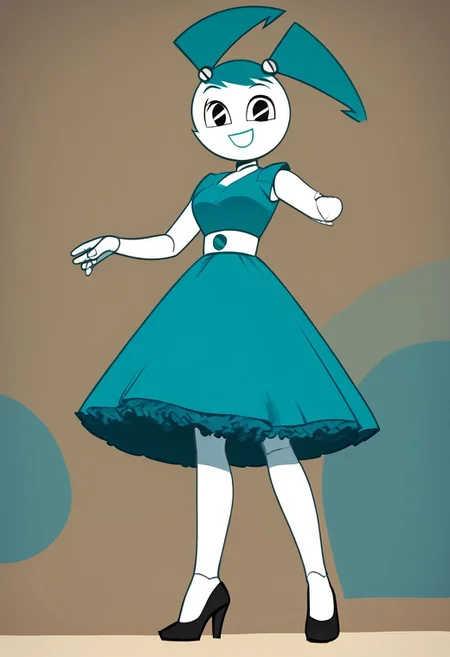 (Masterpiece, best quality:1.2), score_9, score_8_up, flat color, flat shading, soft shading, lighting, Jenny Wakeman as an adult, in a 1950's full length formal blue skirt, a white belt, button down v-neck formal black top, a fluffy frilly ruffled full white petticoat, and black high heels, dress, layered petticoat, frilly petticoat, fluffy petticoat, full petticoat, detailed petticoat ((wide skirt, detailed outfit, flowing skirt, long skirt, solid blue colored skirt, black high heels)), blue hair, series accurate, cute, best high quality, high res, robot, humanoid robot, medium breasts, whole body shot, 1girl, ((solo, outdoors, looking at you, low angle)), cute, seductive, seductive smile, half lidded eyes, low angle shot, cartoon, cartoon style, vector, solo, circle dress, 1950s, whisperfoot_style, dance dress jenny, jenny wakeman, 1girl, solo, robot joints, black eyes, white skin, ponytail, hair bow, blue rose chest corsage, poofy dress, blue hair, flat lighting