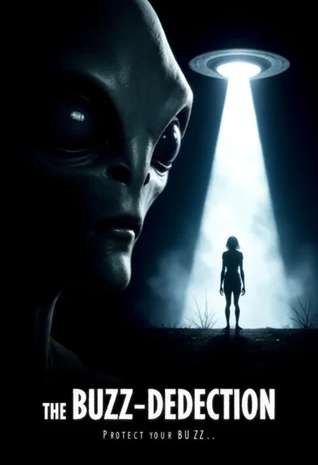 Cinematic, cinematic lighting, ultra realistic, ultra detailed textures, horror theme, dark theme, A movie poster for an alien abduction horror movie featuring a grey-type alien and a UFO. The title of the movie 'The BUZZ-duction' is written at the bottom in bold white fading font, above the title is a smaller text 'Protect Your BUZZ' written in simple bold font, The poster is mostly deep dark, fading into pitch black. The left half of the poster is covered by the face of an alien, standing out sharply. Its huge, dark eyes reflect the terrified face of a short haired blonde girl, looking at viewer for help, screaming with her mouth wide open. The lighting is low, keeping the face of the alien barely visible, adding to the ominous and unsettling atmosphere of the movie. The right side of the poster is covered with an image of alien abduction featuring a UFO flying in the misty night sky, casting a dramatic spot light effect toward a silhouette of a female figure below, The female figure is being lifted toward the UFO by a tractor beam with her face upward, her arms dangling. The UFO is a classic flying saucer, its metallic feature and shape is barely visible, illuminated by the light of the tractor beam. The color scheme is entirely pale, white, light blue with sharp contrasts between light and dark enhancing the film's tense and horrifying atmosphere., aidmatextimprover