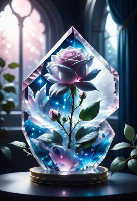 (((videogame_style))), lineart:1.2, (sharp focus:1.2), lineart, flat color, monochrome, greyscale, ((1 blue rose)), (moody lightning:1.2), soft grey light, depth of field, bokeh, 8k, OLED, beautiful blue rose Illuminated by the ethereal glow of studio lightning, the light is reflecting shadows on the blue saphirs, the light reflection sparcles around it, the harmonic play of light and shadow underlines the natural beauty of the blue roses,, (the petals are velvety and silky curved:1.2), (high contrast to catch the play of light and shadows),, one blue rose:(For the viewer, the flower appears alive, as if a glimpse of her inner sparkle is possible),,simple light grey background, by night, peacful and grateful atmosphere, painted hearts, magical atmosphere, (flying pink dahlia inside a transparent crystal cube) on a dessert table in front of a bright window, the moonlight casts a beam of light onto the flower and seems to melt your ice cube in which the flower is located, water mist emanates from the cube, award winning art, deserted space, landscape, detail colour is blue, magical atmosphere, fairytale like
