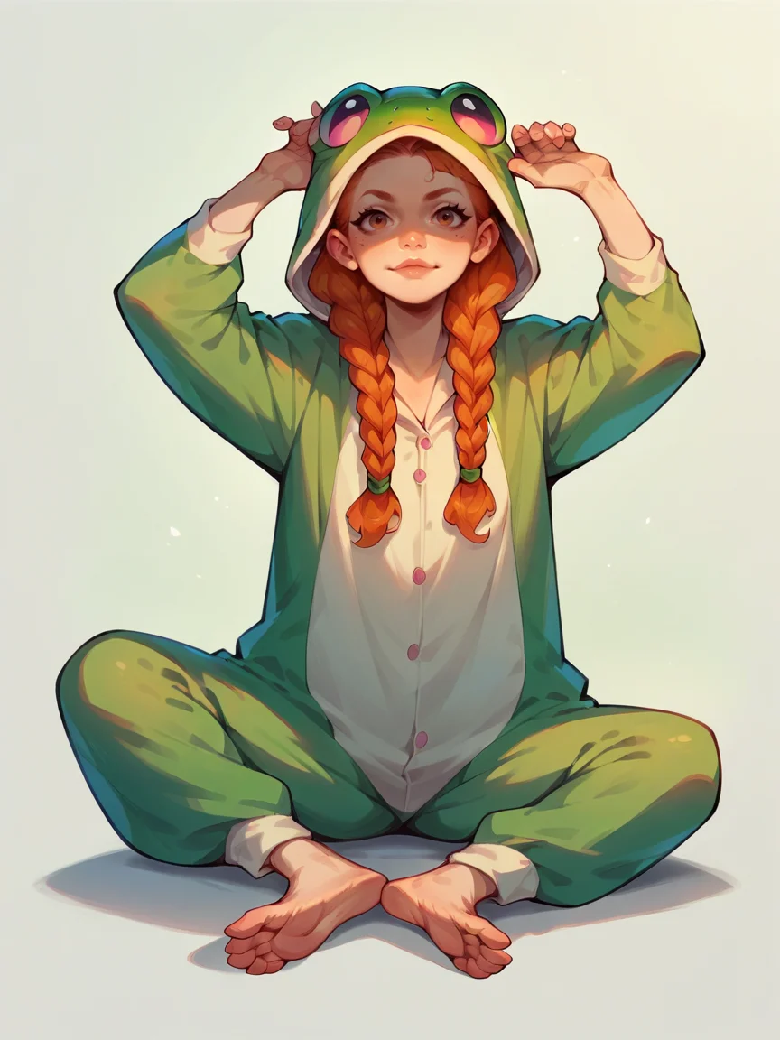score_9, score_8_up, score_7_up, score_6_up, score_5_up,  1girl, ginger hair, braids,  <lora:f0ggyXLP2:0.7> f0ggy, frog costume, solo, barefoot