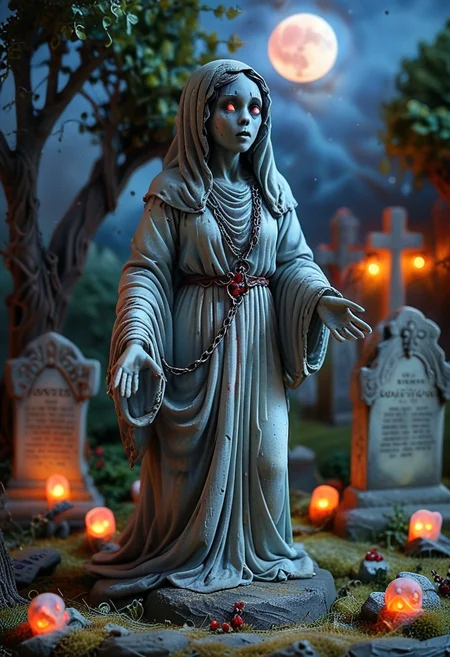 (medium full shot) of (eerie ghost) ethereal figure, transparent fading body, fading hands, faintly glowing red eyes, bluish skin, glowing softly, slightly hazy with a mystical light, vengeful, chains around its wrists, set in an ancient graveyard, with weathered tombstones, overgrown grass, a solemn atmosphere, during a full moon, Masterpiece,best quality, very aesthetic