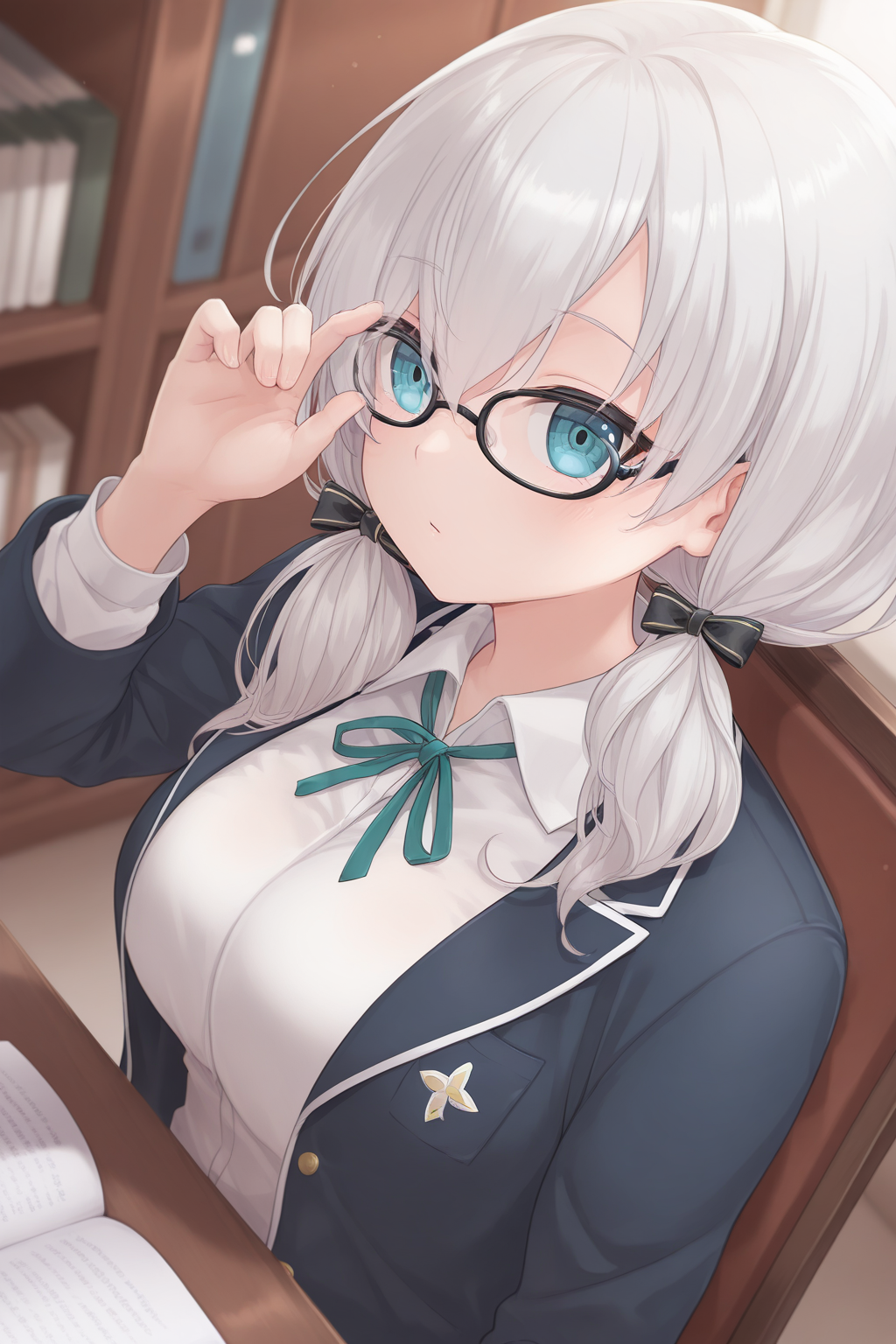1girl, AA4thHairstyle, AA4thCostume,
general, solo, perspective, dynamic angle, upper body,
short hair, grey hair, low twintails,
blue eyes, eyelashes, large breasts,
black-framed eyewear, hair bow,
blue jacket,
green bowtie, white shirt,
hand on eyewear, adjusting eyewear, sitting,
desk,
depth of field,
<lora:kp_ArsAlmalNijisanjiIllustrious_v1_1:1.0>,
masterpiece, best quality, amazing quality