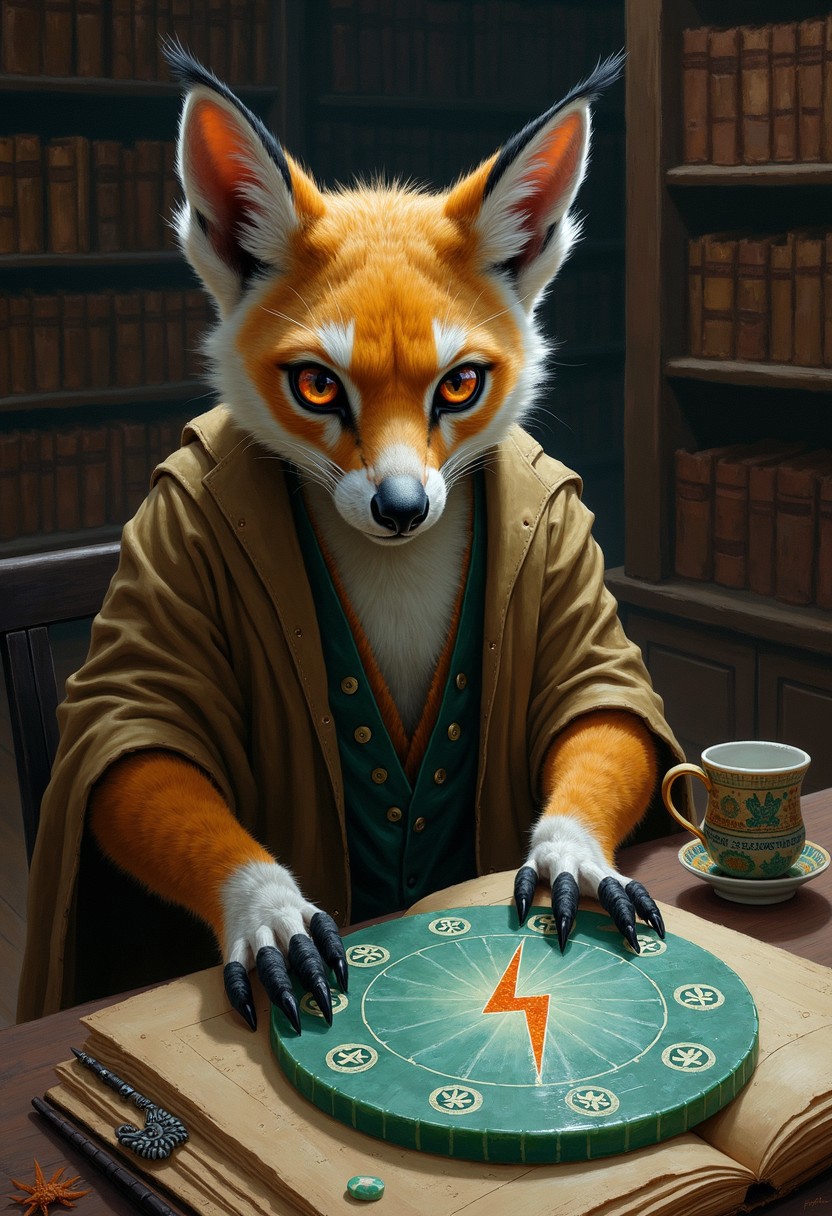 An atmospheric painting of an anthro lynx lemur hybrid scholar in an ancient library inspecting a diagram of buzz summoning magic carved on a round jade disc. The diagram prominently features a symbol of lightning bolt in the middle, symbolizing the duality of life and destruction.