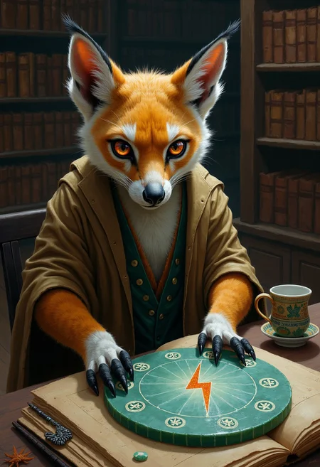 An atmospheric painting of an anthro lynx lemur hybrid scholar in an ancient library inspecting a diagram of buzz summoning magic carved on a round jade disc. The diagram prominently features a symbol of lightning bolt in the middle, symbolizing the duality of life and destruction.