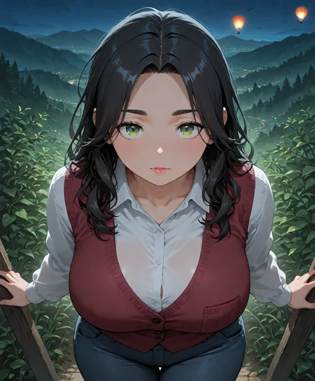 PonyScores7, source_anime, ah1, IllustriousQual, <lora:natsumi_style:0.5>, <lora:by_usakun-pony:0.4>, by usakun, <lora:Akina_Bbw_Style_-_PonyXL:0.2>, AkinBw,
BREAK (Bird's Eye View),
BREAK 1girl, mature female, (round face:1.2), (thick eyebrows:1.3), (curvy), round-chin, caucasian, (plump face), <lora:Round_face:0.2>, <lora:ETO_OCPonyXL:0.3>, eto_oc, skindentation, (plump), thick thighs, wide hips, busty, voluptuous, lips, <lora:venus body PonyXL:0.3>, <lora:shinyskin2:0.2>, glistening skin,
BREAK  (curly hair), long hair, (black hair:1.4), (parted hair:1.7), messy hair, kinky curls, <lora:hairdetailpxl:0.2>, hairdetailpxl,
BREAK (half green and brown eyes), (colorful eyes), (multicolored eyes), (downturned eyes:1.4), <lora:expressive eyes:0.2>, expressive eyes, <lora:eyedetailpxl:0.2>, eyedetailpxl, <lora:Eyes_High_Definition:0.2>, EyesHD,
BREAK ((Shame)), <lora:Expressive_H:0.2>, Expressiveh, <lora:Emotional_Anime_Expressions_PonyXL_Concept:0.2>, emotional, <lora:Best_Facial_Expression_LoRA_PONY:0.2>, looking at viewer, <lora:Detailed expressive EXEV style -XL Pony V1.0:0.2>, FaceDetail,
BREAK ((a surprise proposal on a hot air balloon ride over a scenic rainforest)),
BREAK maroon red soft gray puffer vest over a black long-sleeve tee and jeans,
BREAK (((in urban-jungle , at night))),
BREAK <lora:xl_more_art-full_v1:0.2>, <lora:aesthetic_anime_v1s:0.2>, <lora:EpicF4nta5yXL:0.2>, <lora:detailxl:0.2>, detailxl, <lora:Fant5yP0ny:0.2>, best quality, amazing quality, best aesthetic, absurdres, illustration, Volumetric_Lighting, ultra-detailed, very aesthetic, intricate details, 8k, masterpiece, best_quality
BREAK Stable_Yogis_PDXL_Positives, AS-Adult, <lora:Complicated fantasy portrait - XL Pony V2.0:0.2>, bad-hands-5, <lora:HDA_Detailer:0.3>, HDA_FatGirlXL,