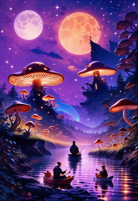 score_9, score_8_up, score_8, zPDXL,
BREAK,
scifi, sitting, outdoors, multiple boys, sky, 2boys, water, from behind, night, moon, star (sky), night sky, tentacles, starry sky, watercraft, mushroom, crescent moon, boat, fishing rod, fishing