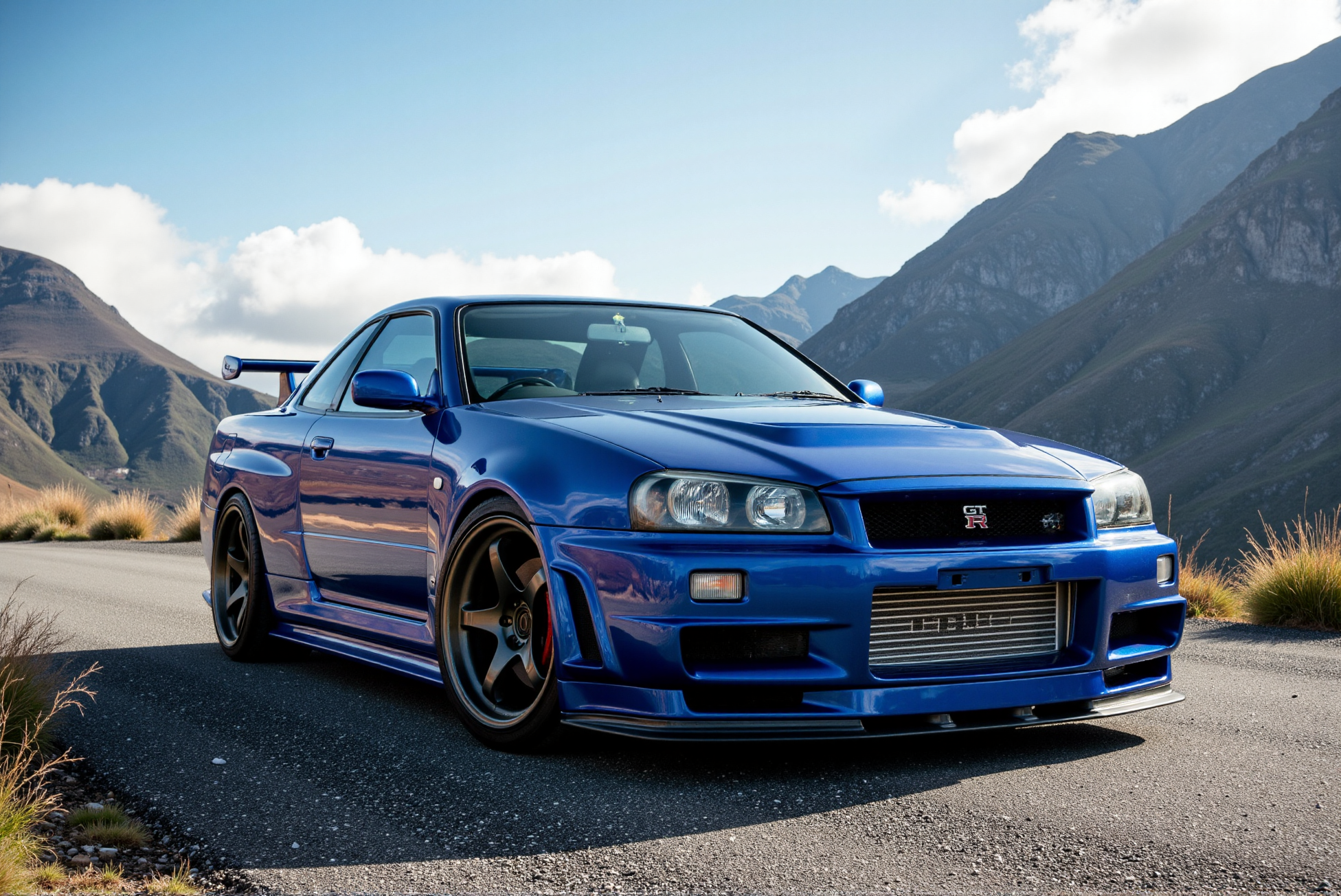 <lora:Nissan_Skyline_GT-R_R34:0.85> Nissan Skyline GT-R R34 from '90.
Mountain Majesty. Set against the rugged beauty of mountain terrain, the Nissan Skyline GT-R R34 is depicted from a low isometric angle, emphasizing its robust stance and elegant lines. The natural light enhances the high-gloss finish, while the expansive landscape evokes a sense of exploration and freedom. The composition blends sophistication with ruggedness, appealing to those seeking both style and adventure.â  (Extremely shiny and reflective high gloss finish with bright glints:1.2).