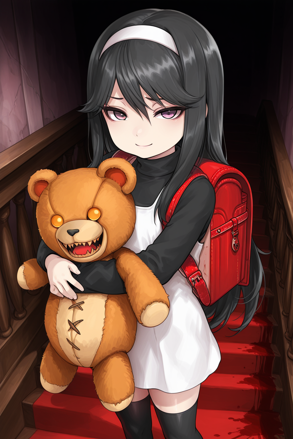 1girl, SakoErikaDevilSummoner, 
general, solo, perspective, half body,
long hair, straight hair, purple eyes,
white hairband,
white dress, turtleneck, long sleeves,
black thighhighs, zettai ryouiki, randoseru,
looking at viewer, sad smile, hugging object,
teddy bear and yellow eyes,
horror \(theme\), indoors, stairs, blood stain,
<lora:kp_SakoErikaDevilSummonerIllustrious_v1_0:1.0>,
masterpiece, best quality, amazing quality