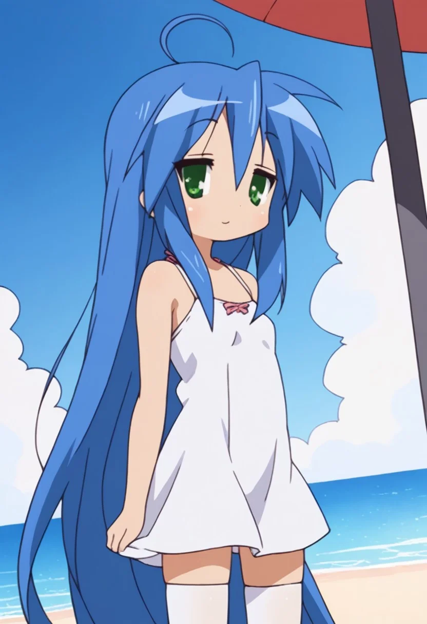 score_9, score_8, score_7_up, 1girl, solo, konata izumi, long hair, very long hair, green eyes, blue hair, ahoge, small breasts, white summer dress, thighhighs,, outdoors, standing, beach, blue sky, looking at viewer, dutch angle, cowboy shot,