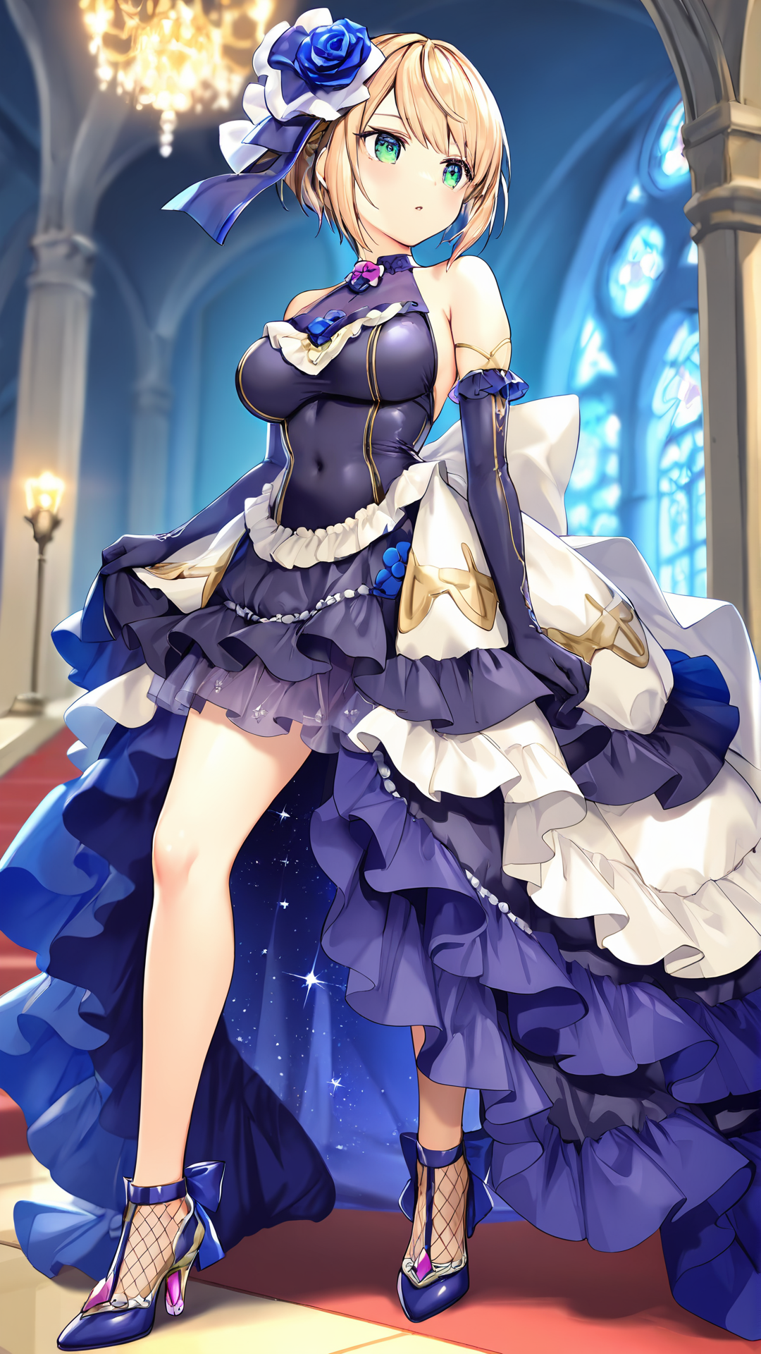 amazing quality,absurdres,best quality,masterpiece,highres,newest,detailed,detailed body,detailed face,masterpiece,best quality,solo,
torisutora,1girl,solo,dress,flower,gloves,green eyes,blonde hair,hair ornament,elbow gloves,hair flower,rose,short hair,frills,high heels,frilled dress,<lora:æ¸å»ããã¥ã¿ã³ããããªã¹ãã©:0.85>,