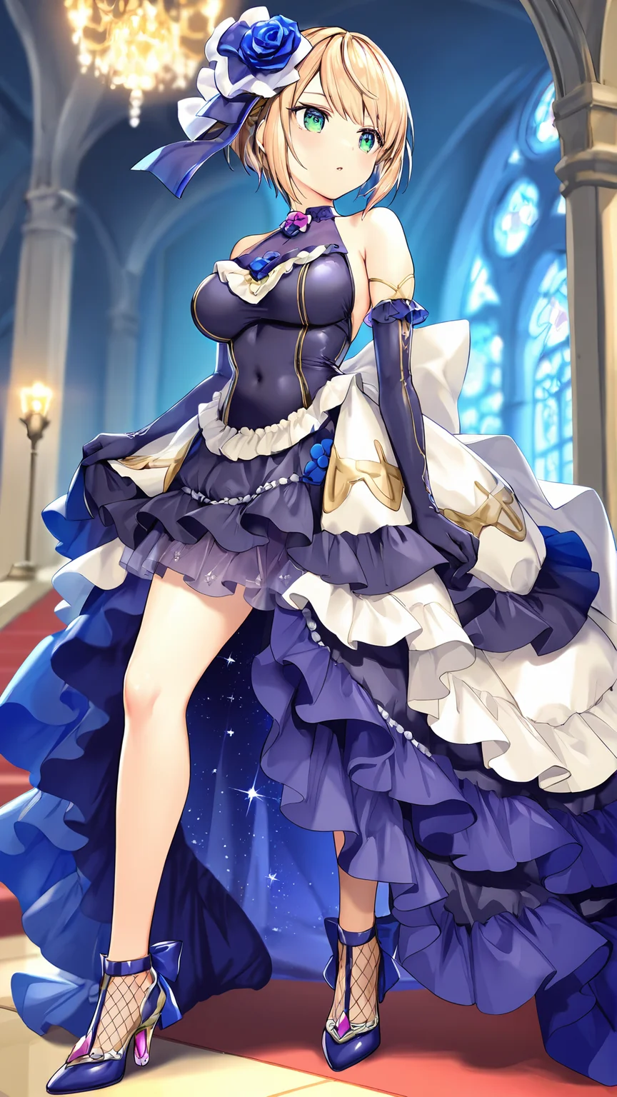 amazing quality,absurdres,best quality,masterpiece,highres,newest,detailed,detailed body,detailed face,masterpiece,best quality,solo,
torisutora,1girl,solo,dress,flower,gloves,green eyes,blonde hair,hair ornament,elbow gloves,hair flower,rose,short hair,frills,high heels,frilled dress,<lora:æ¸å»ããã¥ã¿ã³ããããªã¹ãã©:0.85>,