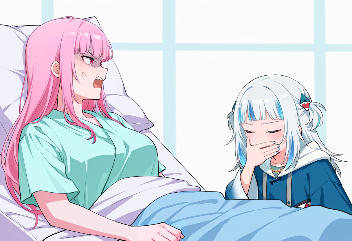 masterpiece, high quality, absurdres, 2girls,
BREAK
mori calliope, open mouth, pillow, under covers, looking at another, angry, hospital gown, 
BREAK
gawr gura, sitting, covering own mouth, closed eyes, 
<lora:please_stop_beatboxing-10:1>