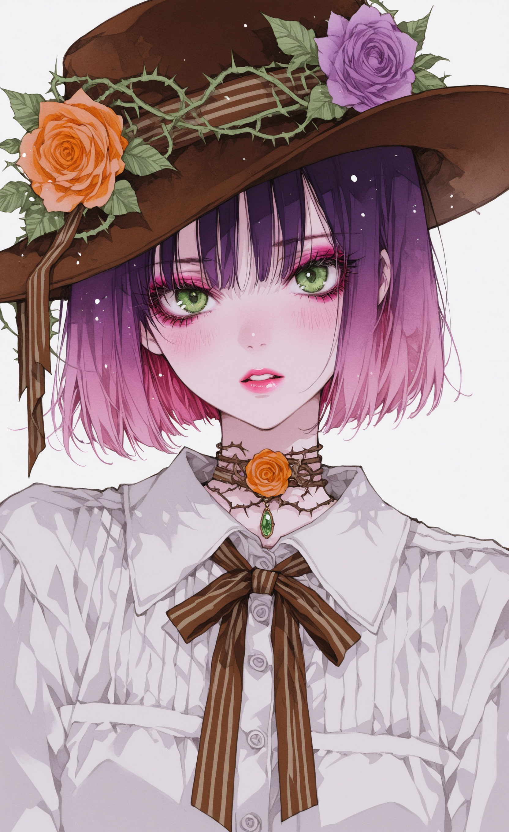 masterpiece,best quality,amazing quality, 1girl, solo, looking at viewer, blush, short hair, simple background, shirt, white background, hat, bow, ribbon, jewelry, green eyes, white shirt, upper body, pink hair, purple hair, flower, parted lips, teeth, collared shirt, choker, bowtie, grey background, eyelashes, lips, neck ribbon, buttons, makeup, rose, leaf, bob cut, gem, lipstick, pink flower, eyeshadow, yellow flower, purple flower, brown headwear, pink lips, nose, hat flower, red lips, vines, pink rose, striped ribbon, orange flower, thorns, mascara, brown ribbon, orange rose, flower choker, tanemura arina,
ma1ma1helmes_b_illu, <lora:ponyv6_noobE11_2_adamW-000017:0.3> <lora:XXX667:0.6> <lora:96YOTTEA-WAI:0.5> <lora:TanemuraArinaIllustriousV1:0.8>