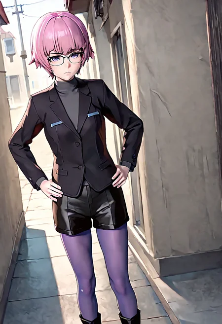 <lora:sdxl_lightning_8step_lora:1> <lora:Fixhands_anime_bdsqlsz_V1:1>score_9, score_8_up, score_7_up, source_anime, intricate details, perfect anatomy BREAK
1girl, solo, gis-esakipurin, pink hair, short hair, purple eyes, black-framed eyewear, black jacket, black shorts, gis-esakipurin outfit, purple pantyhose, black boots,
dutch angle, hands on hips, Sad, downturned mouth, drooping eyelids, and furrowed brow., outdoors,
<lora:gis-esakipurin_XL(pony)fix:0.9>