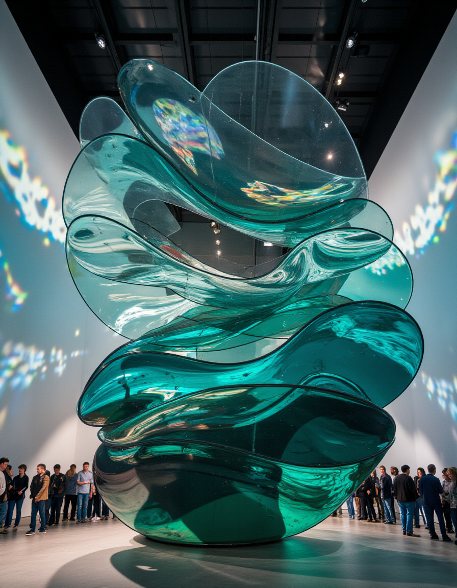 A large spiral sculpture made of layered, curved glass panels with polished edges. The panels are tinted with a gradient of oceanic hues, transitioning from teal at the base to clear at the top. Natural sunlight streams through the glass, creating intricate reflections and refracted rainbows on the surrounding walls. At night, subtle uplighting highlights the transparency of the sculpture while casting colorful wave patterns on the ceiling. A small crowd gathers to admire the evolving interplay of light and shadow.
<lora:ral-kntcscptr-flux:1>