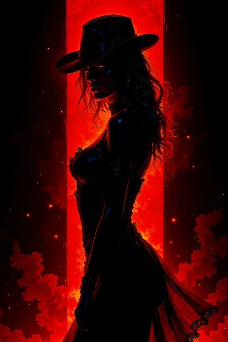 <lora:Vibrant_Glow_style:0.8> VibrantGlow style.
gothic style (Alcohol ink art) Silhouette Art , a beautiful charming young lady, dark dim figure, photogenic battle pose, a tight sleek strict dress . bright red backlight illuminates elegant lady's silhouette, (bright glowing red contour and outline), elegant amazing and sensual look. (very dark foreground, black solid background) detailed, high quality, high resolution, contrast, dark color palette with bright day-glo red accents., high contrast, well defined. Fluid and vibrant colors, unpredictable patterns, organic textures, translucent layers, abstract compositions, ethereal and dreamy effects, free-flowing movement, expressive brushstrokes, contemporary aesthetic, wet textured paper. . dark, mysterious, haunting, dramatic, ornate, detailed. tove jansson style