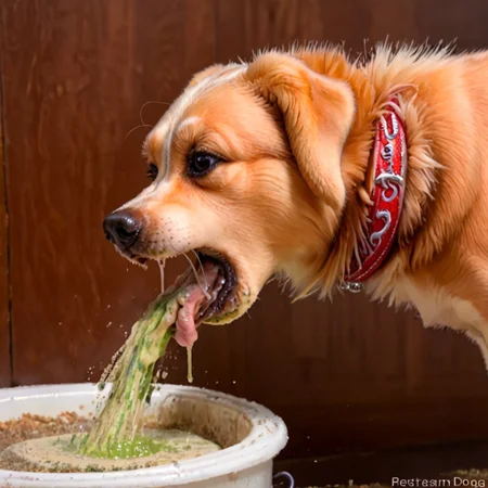 Details, 8k,Dog, feral dog, realistic dog, female dog, large breed, anatomicaly correct, vomiting, puking, heaving, straining, retching expression, watery dog vomit, mouth open, looking down, dog retching, side view, detailed vomit