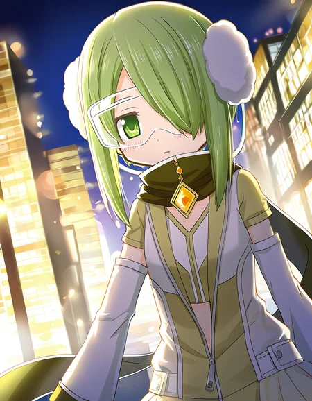 masterpiece, best quality, newest, absurdres, highres, safe, 1girl, miyabi shigure, magia record: mahou shoujo madoka magica gaiden, goggles, earmuffs, solo, city, night, dutch angle, <lora:miyabi_shigure_noobaiXLNAIXL_vPred10Version:0.7>