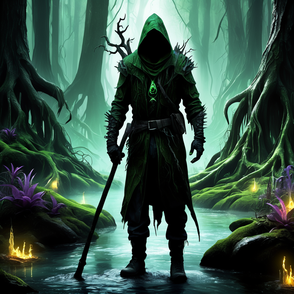 ((best quality)), ((masterpiece)), ((realistic,digital art)), (hyper detailed),DonMD34thM4g1cXL, magical,eerie, Swamp Hiker, <lora:DonMD34thM4g1cXL_v3.0-000015:0.85>