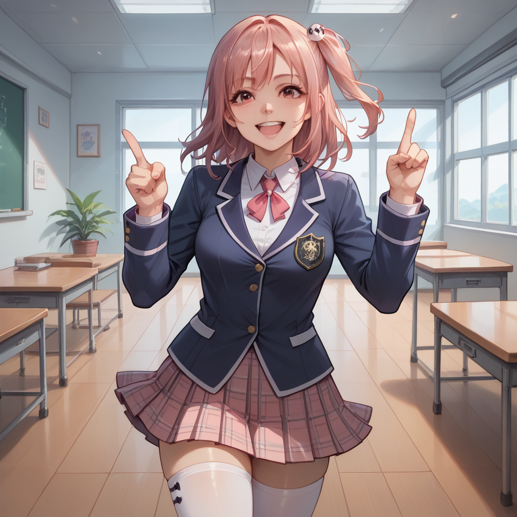 score_9, score_8_up, score_7_up, score_6_up, score_5_up, sourse_anime,   zPDXL,  rating_ safe BREAK,
solo, 1girl,  <lora:ponyRealistic_v1-gamma:-0.4>
 <lora:doahonoka:1>, honoka, one side up, pink hair, honokaschool, school uniform, plaid skirt, white thighhigh, in class room,  smile,  happy, one hand pointing, signaling direction, <lora:add-detail-xl:1> <lora:detail_eyes:0.5>