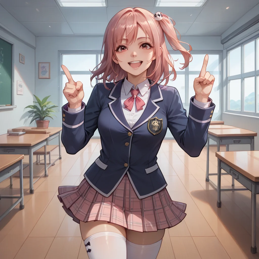 score_9, score_8_up, score_7_up, score_6_up, score_5_up, sourse_anime, zPDXL, rating_ safe BREAK,
solo, 1girl, <lora:ponyRealistic_v1-gamma:-0.4>
<lora:doahonoka:1>, honoka, one side up, pink hair, honokaschool, school uniform, plaid skirt, white thighhigh, in class room, smile, happy, one hand pointing, signaling direction, <lora:add-detail-xl:1> <lora:detail_eyes:0.5>