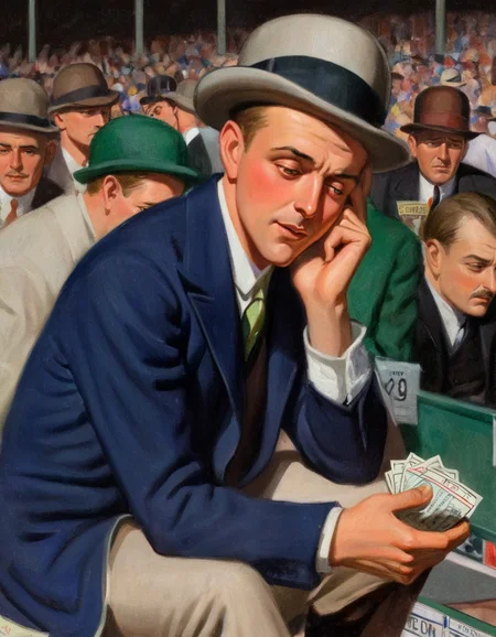 LThrasher close up  painting depicting a man sitting in the stands of a race track, betting , he is depressed, head in hands, because he lost all his money, he is dressed in 1920's attire, and holding tickets in his right hand,  scene takes place in the 1920s    <lora:LThrasher1-000002:1>
