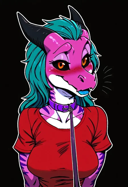 a furry sticker of, white outline:1.4, simple background, by incase, score_9, score_8_up, score_7_up, score_6_up, score_5_up, best quality, highly detailed, intricate details, extremely detailed, masterpiece, 4k, fine details, subtle soft details, futanari, ((Kobold)), ((pink scales:1.4)), split complimentary color scheme, ((purple stripes)), ((black sclera)), ((glowing orange eyes, orange iris, black pupils, split pupils)), (long eastern dragon tail), ((brown ram horns)), ((long teal hair:1.4)), ((purple slave collar)), ((black lipstick)), black eyeliner, plump, cute, medium breasts, cleavage, curvy, red long gloves, large iris, smiling, 1girl, solo, solid bright green background, looking at viewer, (bust shot), red tshirt, red t-shirt, side view, eyes partially closed, deep blush, embarrassed, light blue tongue, half closed eyes, emote, viewer on leash, l3ashed, leash pull