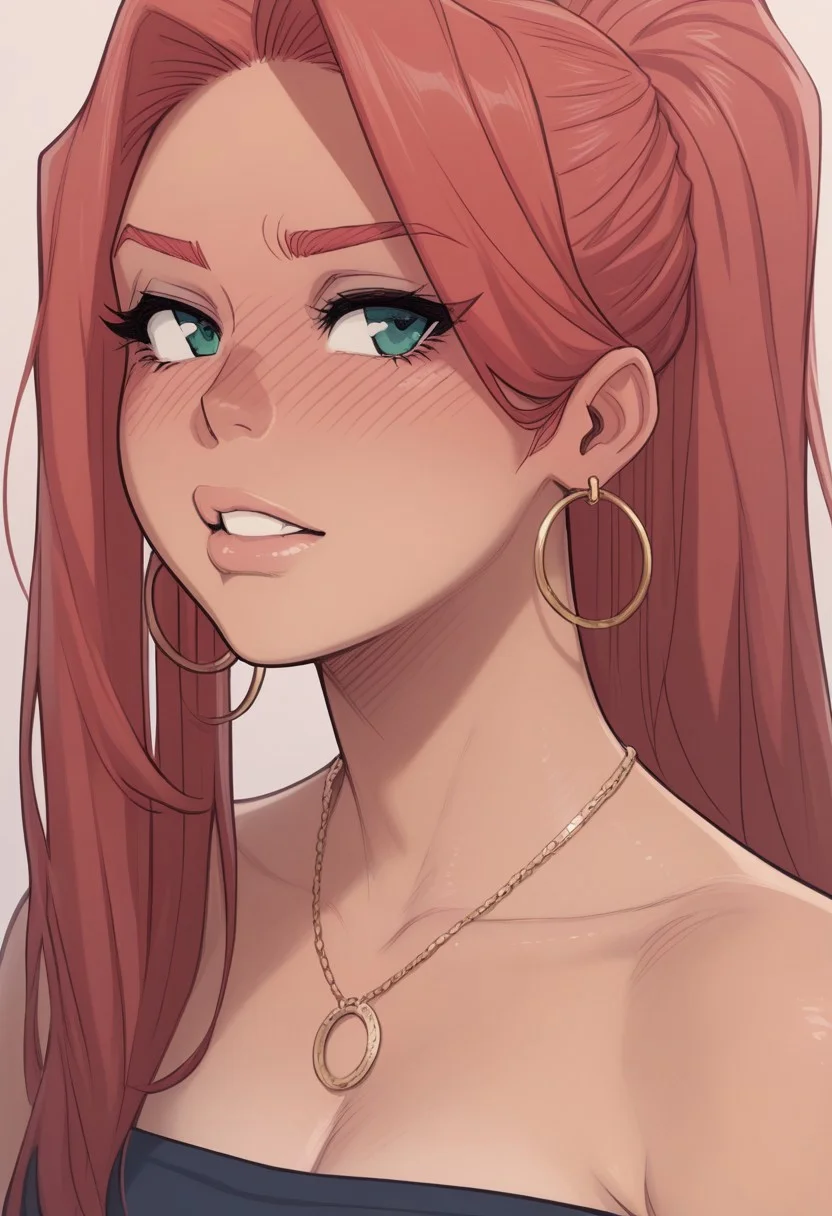 score_9, score_8_up, score_7_up, melkor_style, 1girl, _chlo3_curr3y_, jewelry, hoop earrings, red hair, blush, long hair