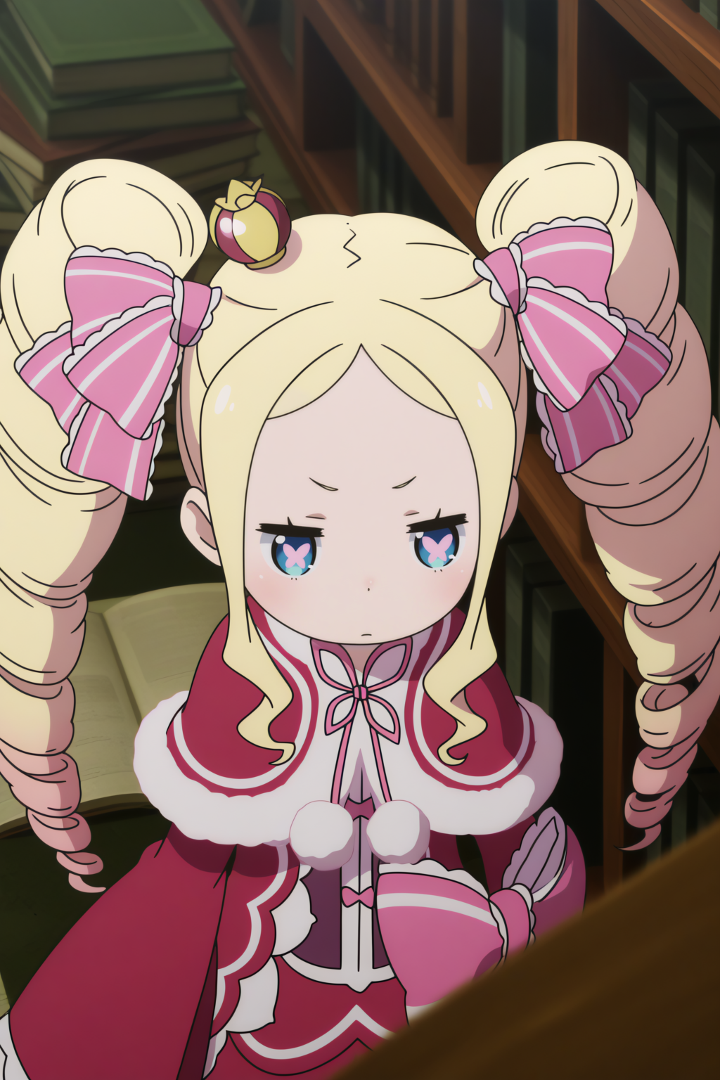 anime coloring, very aesthetic, masterpiece, perfect composition,  beatrice_\(re:zero\), twin drills, depth of field, symbol-shaped pupils, library, from above   <lora:Beatrice-illu:0.8>