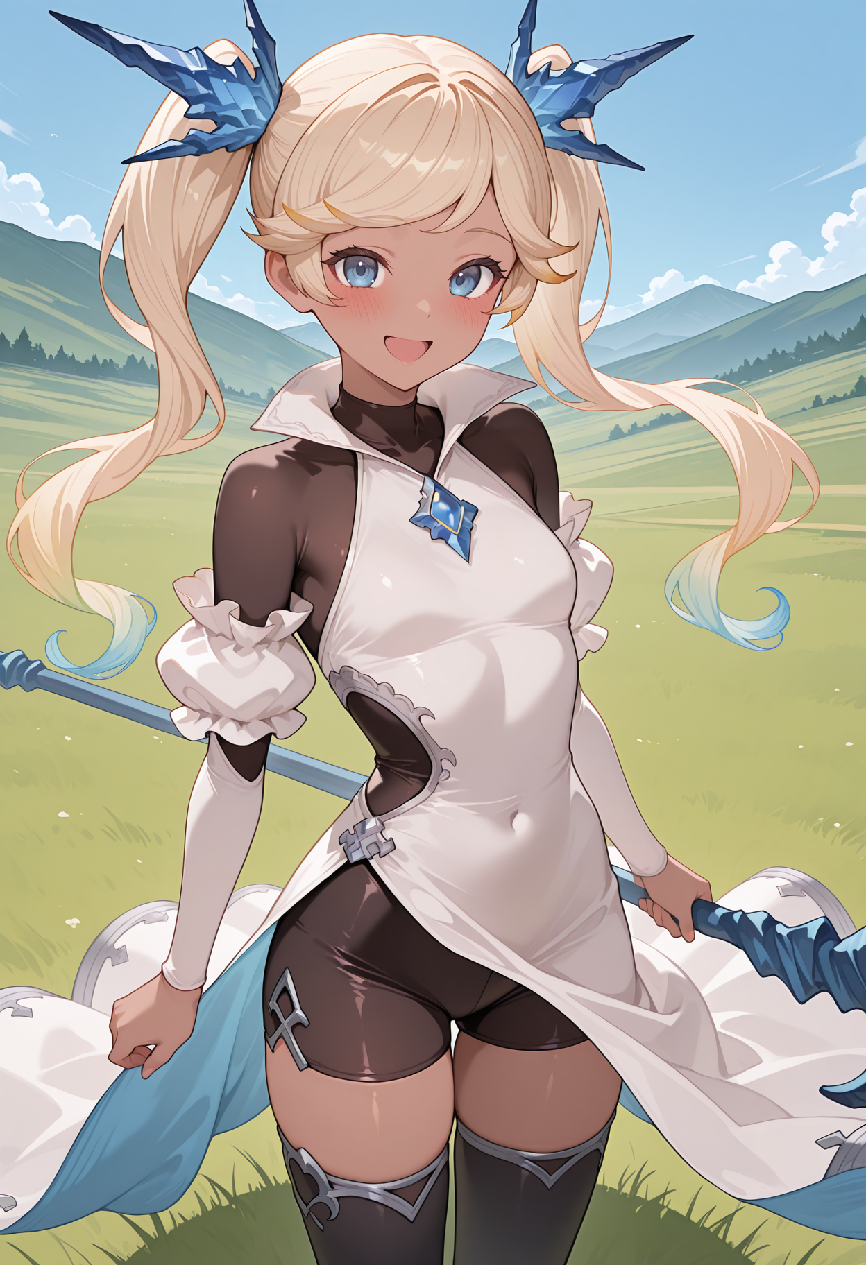 highres, best quality, masterpiece, outdoors, blue sky, hill, grass, 
1girl, solo, gbftio, blonde hair, gradient hair, twintails, dark-skinned female, blue eyes,
iogbdef, hair ornament, white dress, blue brooch, sleeveless dress, detached sleeves, puffy sleeves, side cutout, side slit, bodysuit under clothes, black bodysuit, black thighhighs, holding staff,
looking at viewer, blush, smile,
standing, open mouth, 
<lora:_io_gbf-elesico-ilxl-000014:1>