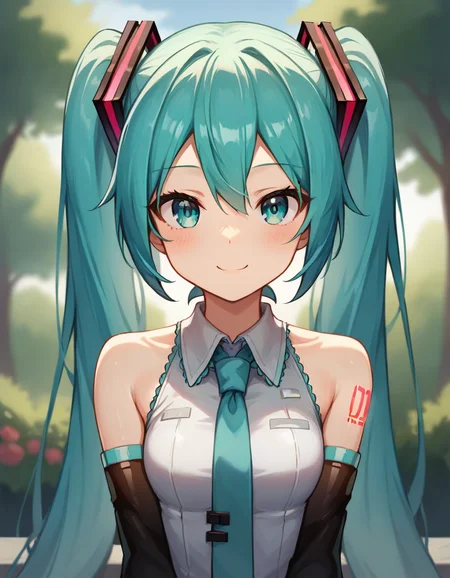score_9,score_8_up,score_7_up,score_6_up BREAK official art,solo,outdoors,smile,upper body,(portrait:2),cheek-to-cheek,looking at viewer,facing viewer,hatsune miku,absurdly long hair,aqua hair,twintails,hair ornament,sidelocks,hair between eyes,parted bangs,aqua eyes,white shirt,collared shirt,bare shoulders,sleeveless shirt,aqua necktie,detached sleeves,black sleeves,shoulder tattoo,fringe,black thighhighs,miniskirt,pleated skirt,zettai ryouiki,thigh boots,<lora:Hatsune Miku(voi)-Pony>,<lora:Smooth Anime Style LoRA XL:0.8>,