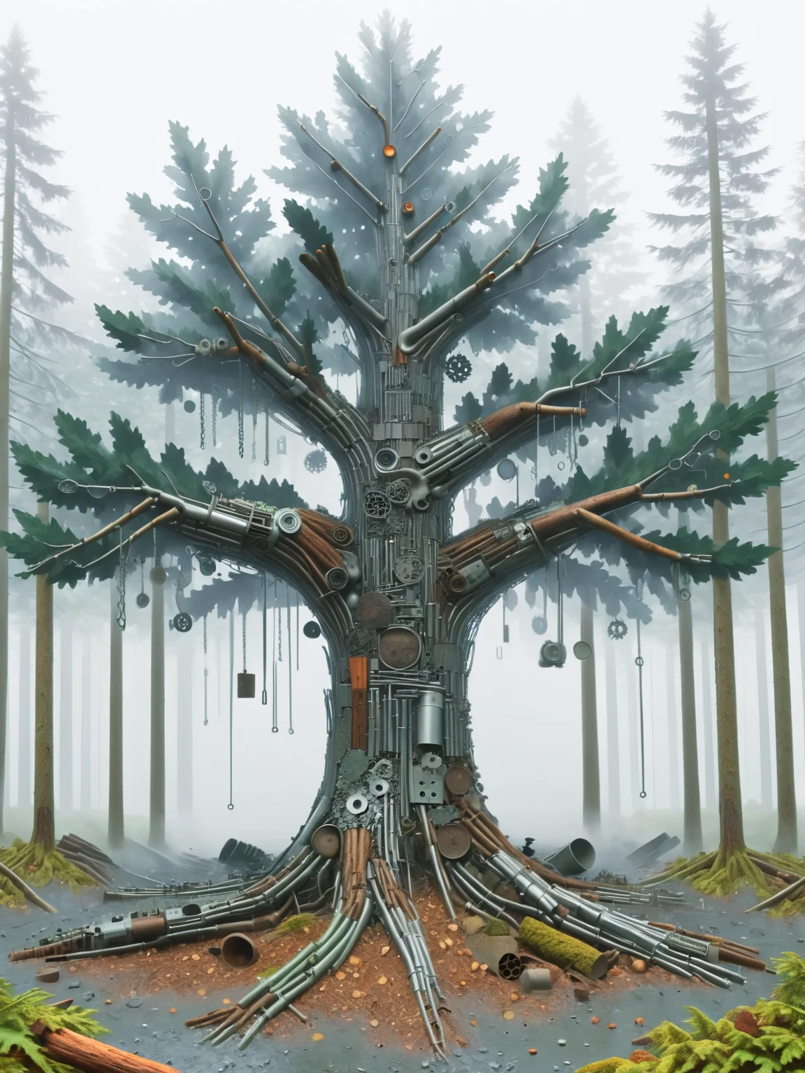 ais-scrapyrd tree, in a misty forest <lora:Scrapyard_Style_SDXL:1>