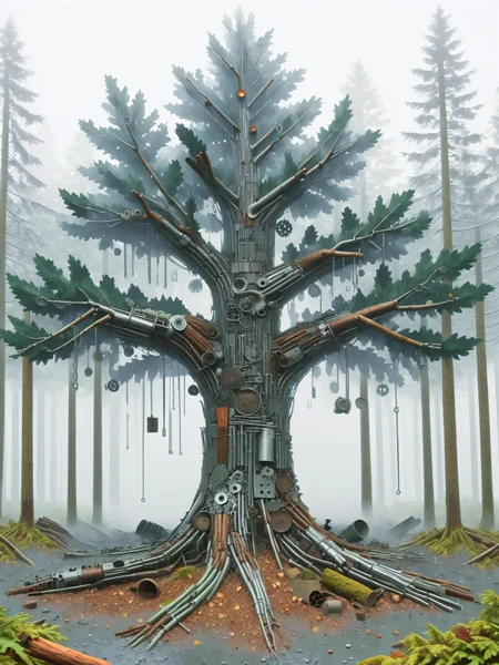 ais-scrapyrd tree, in a misty forest <lora:Scrapyard_Style_SDXL:1>