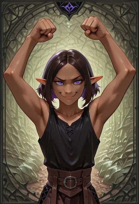 1 Lapanya, solo, Repeta, violet eyes, black sleeveless top,
Grinning,
Fighting pose, fists up, bloody lip,
Medieval style, Smooth colors, detailed eyes, organic cavern background, clean lines, high quality, best quality, masterpiece, rating: safe, source: semi-anime,