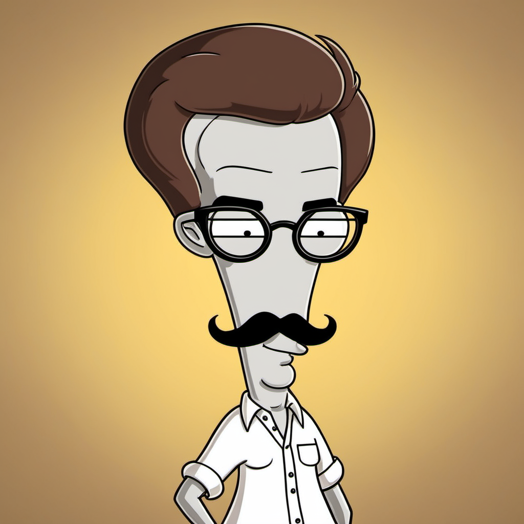 Advertising poster style a cartoon character with grey skin, wears a brown wig, moustache and glasses <lora:Rodger1024:0.9> . Professional, modern, product-focused, commercial, eye-catching, highly detailed
