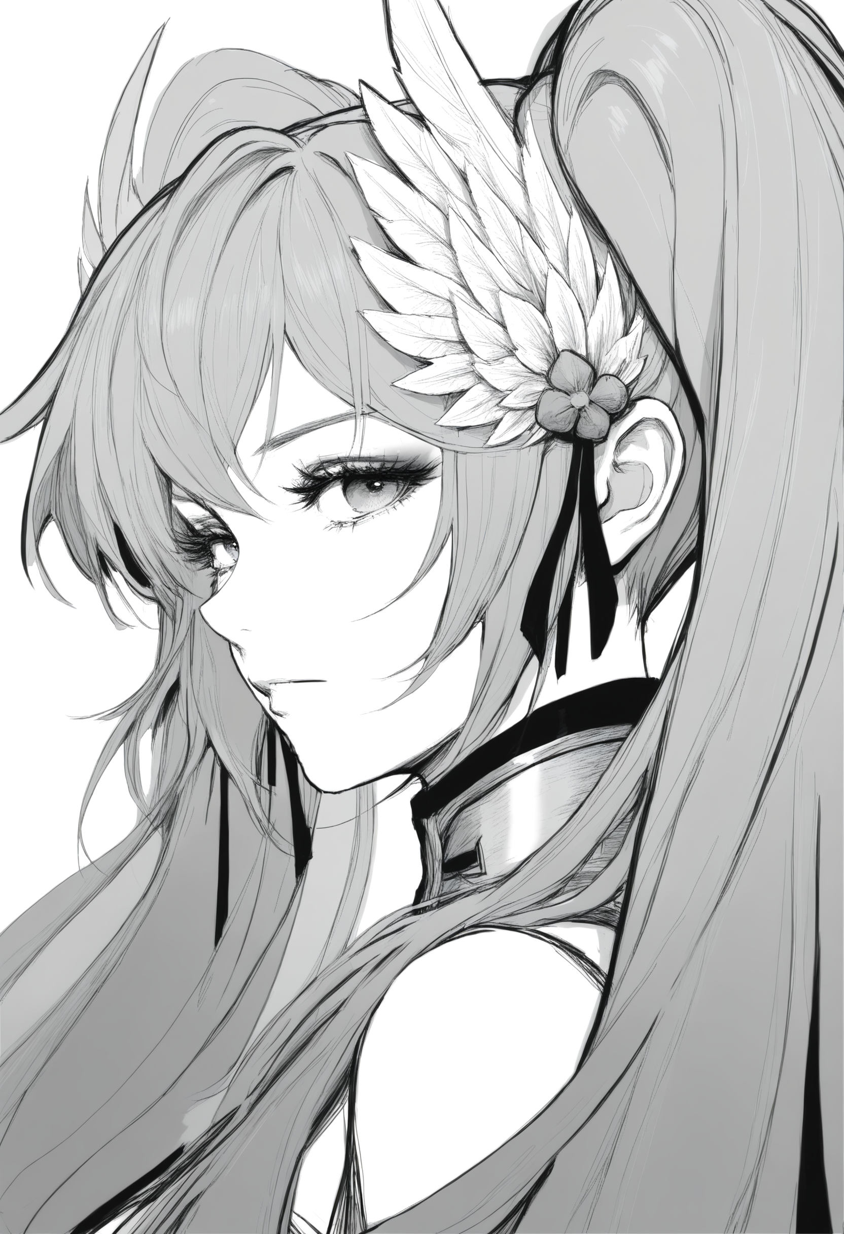 (1girl),(solo),xiangwan\(asoul\),twintails, very long hair,white feathers hair ornament,drill hair,grey hair,

greyscale,monochrome,simple background, white background,  looking at viewer, closed mouth, portrait, eyelashes, 

masterpiece,best quality,very aesthetic,absurdres,newest,masterpiece,best quality,year 2024,newest,highres,absurdres,