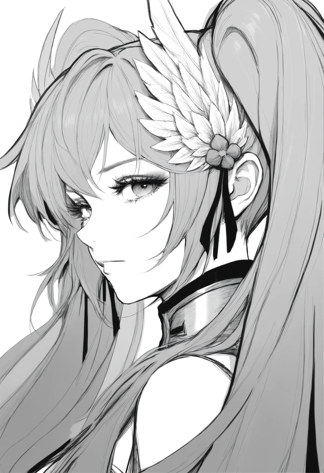 (1girl),(solo),xiangwan\(asoul\),twintails, very long hair,white feathers hair ornament,drill hair,grey hair,
greyscale,monochrome,simple background, white background, looking at viewer, closed mouth, portrait, eyelashes,
masterpiece,best quality,very aesthetic,absurdres,newest,masterpiece,best quality,year 2024,newest,highres,absurdres,