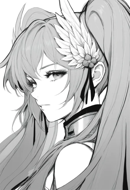 (1girl),(solo),xiangwan\(asoul\),twintails, very long hair,white feathers hair ornament,drill hair,grey hair,
greyscale,monochrome,simple background, white background, looking at viewer, closed mouth, portrait, eyelashes,
masterpiece,best quality,very aesthetic,absurdres,newest,masterpiece,best quality,year 2024,newest,highres,absurdres,