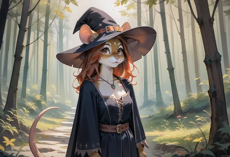 score_9, score_8_up, score_8, 1girl, solo, score_7_up, high quality, best quality, light, detail, sharpness, cinematic,
<lora:add-detail-xl:1>,
 best hands,  ((Furry female)),
An anthropomorphic fluffy mouse girl with smooth, solid peach-colored fur, mouse ears. Cherry-colored hair, long, wavy. Brown eyes.  One long, thin tail. 
witch, sorceress, witch outfit, witch hat, necklace, clearing, forest,  herbs, thoughtful