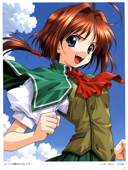 masterpiece,best quality,newest,
1girl,solo,
<lora:wakatsuki_kotomi_ilxl_v1.0:1>,w_kotomo,ahoge,brown hair,blue eyes,low ponytail,long hair,
k_clothes,green capelet,ascot,green vest,puffy short sleeves,green pleated skirt,
<lora:Fixhands_anime_bdsqlsz_V1:1>,cowboy_shot,simple_background,laughing,looking_at_viewer,clenched hands,blue sky,white clouds,portrait,