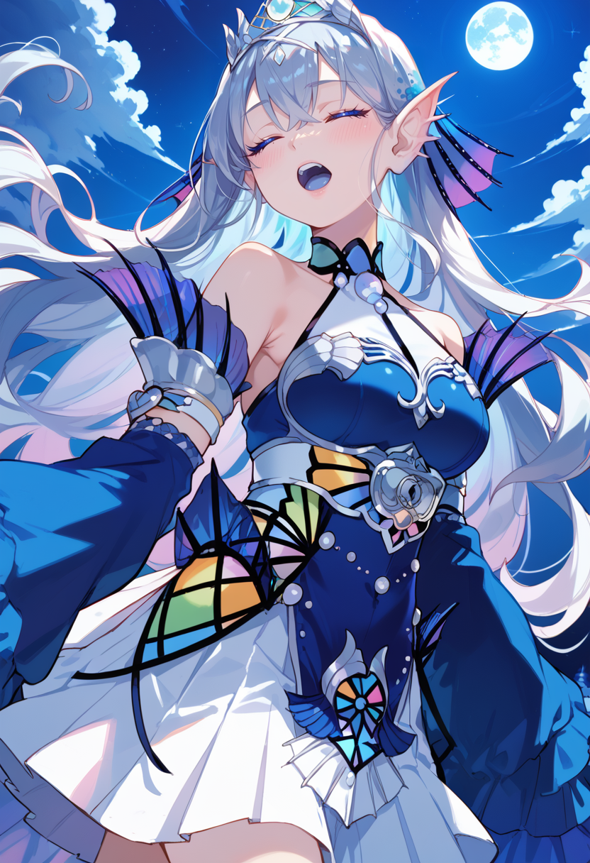 (score_9:0.9),score_8_up,score_7_up,rating_explicit,(zPDXL3),high res image,masterpiece,best quality,
<lora:Tearlaments Kitkallos PonyXL v5:0.74>,tearlaments kitkallos, blue dress, silver tiara, blue detached sleeves, 1girl, solo, open mouth, sky, blue mouth, night, medium breasts, closed eyes, singing, mermaid, white pleated skirt, sleeves past wrists