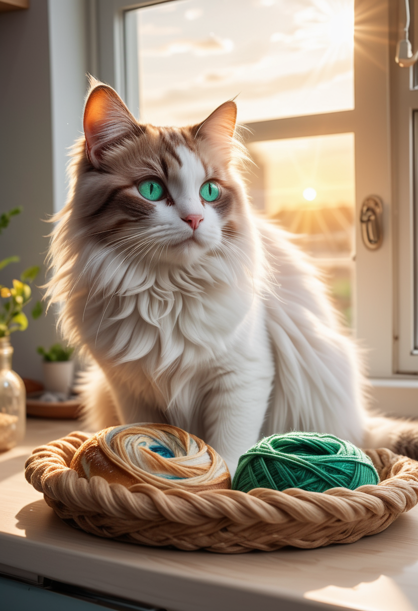(medium full shot) of (graceful cat), mixed fur, rosetted, heterochromia (one blue eye, one green eye), tiny glasses,  set in  a tidy kitchen with a sunny window, a comfortable cat bed, and the smell of baking bread, during sunset, while playing with a ball of yarn, Masterpiece,best quality, photo, realistic, very aesthetic,