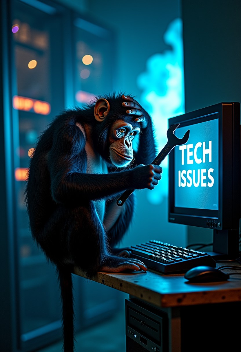 sad monkey on a bar scratching his head with a huge wrench, text on the monitor "TECH ISSUES", server room, blue fire in the background, digital art, old rusty pc, sad monkey