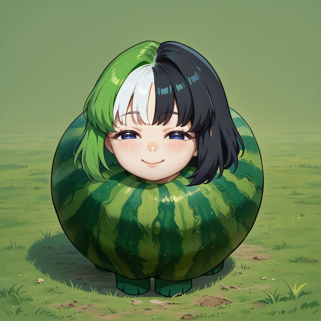 score_9, score_8_up, source_anime, Watamelon, smile, smug, half-closed eyes, no humans, creature, chibi, watermelon, all fours, NSMelionPalHair, green hair, black hair, white hair, multicolored hair, medium hair, multicolored eyes, <lora:NSMelionPalHair:1>, <lora:ChamWatamelonPonyXL:1>